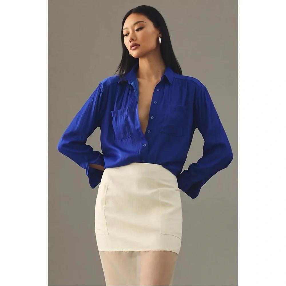 Anthropologie Relaxed Crinkle‎ Satin Button Down Shirt in Cobalt Blue - Picture 2 of 10